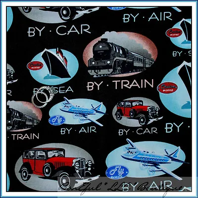 BonEful Fabric FQ Cotton Quilt VTG Antique Old Car Airplane Boat Train US TRAVEL • $6.47