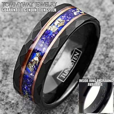 Personalized Engraved Black Tungsten Ring Sapphire 24K Gold Leaf Wedding Band • $24.99