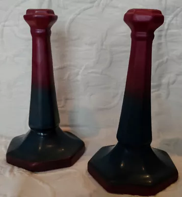 VAN BRIGGLE Art Pottery Tall Pair-Candlesticks ArtCrafts Mission Era 1920-26 • $300