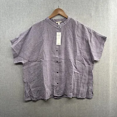 NEW Eileen Fisher Mandarin Collar Linen Shirt Women 1X Purple Plaid Short Sleeve • $69.95