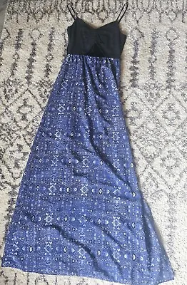 Myne Womens Silk Sleeveless Slit Floral Black Maxi Dress Boho Blue Size 2 AM • $20