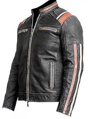 Mens Cafe Racer Stylish Biker Black Distressed Leather Jacket • $130.54