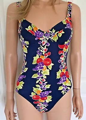 Huit Blue Print Swimsuit Size S Navy Blue With Multi Fruit Design Low Back • $21.77