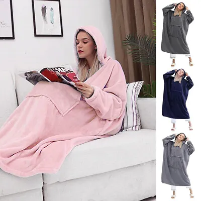 Ladies Mens Long Hooded Dressing Gown Soft Flannel Fleece Sherpa Hoodie Blanket • £11.95