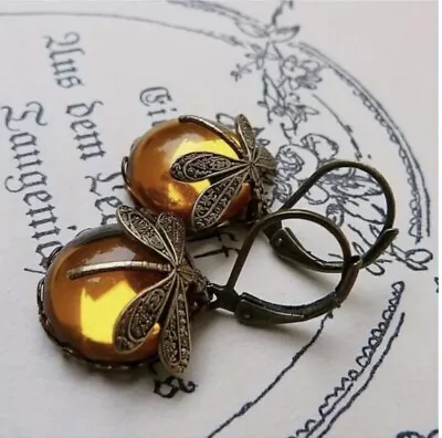 Boho Vintage Copper Amber Dragonfly Earrings NEW • $9.99