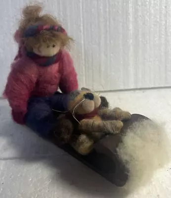 Whimsical Hand Crafted WOOL Art Sculpture Girl And Cat Riding A Toboggan • $14.99