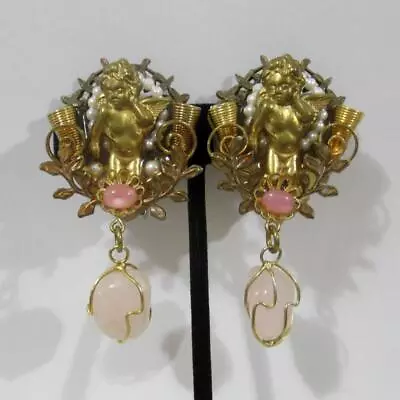 Steampunk Style Collage Women Clip Earrings Cherubs Rose Quartz Vintage • $27.98