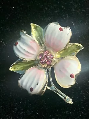 Vintage Enamel Painted Flower Brooch Pink Rhinestones  • $13