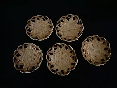 5 Vintage Boho Woven Bamboo Rattan Basket Coasters Trinket Snack Bowls Tiki • $9.99