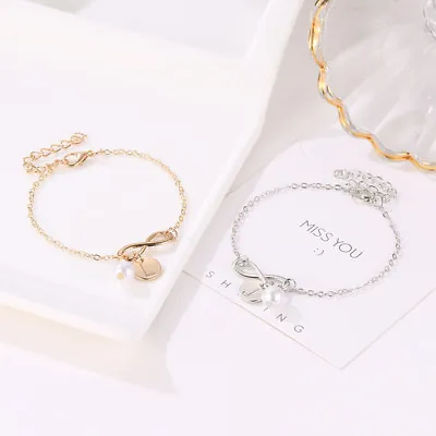 Women Creative Initial Knot Pearl Charm Bracelet Adjust Chain Bangle Jewellery • £3.59