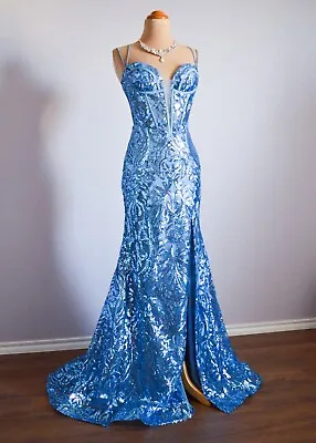 BLUE Sequin Corset Long Formal Prom Pageant Evening Wedding Gown Gala Dress 2 • $249