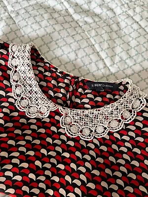 M&S Limited Collection Office Lace Collar Long Sleeve Blouse Red Cream Black • £6.99