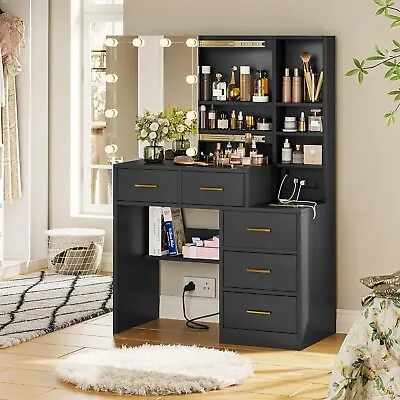 Vanity Desk With Sliding Mirror LED Makeup Vanity With Drawers & Storage Shelves • $229.89