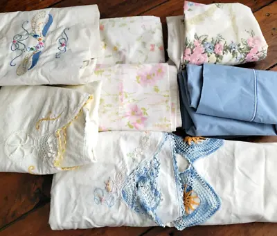 Lot Of 8 Vintage Pillowcases Floral Blue Retro Embroidered Pink • $22