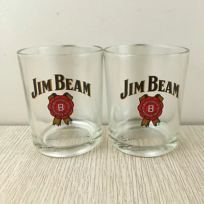 Jim Beam Drinking Glass Set Of 2 Lowball Tumblers Printed Name & Logo 2006 • $24.50