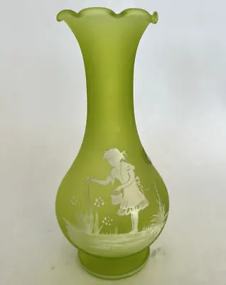 Mary Gregory Girl Picking Flowers Green Satin Glass Vase 1970s Westmoreland S505 • $20