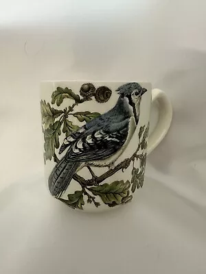 RARE Horchow 6-Sided Hexagonal Mug Cup Blue Jay Perched On Oak Branch Leaf Acorn • $11.04