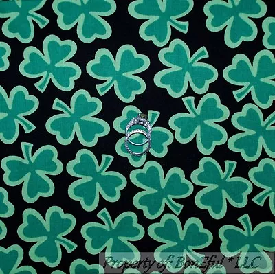 BonEful Fabric Cotton Quilt Black Green Irish Shamrock Clover Leaf Lucky 1 SCRAP • $1.25