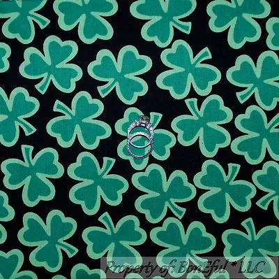BonEful Fabric Cotton Quilt Black Green Irish Shamrock Clover Leaf Lucky SCRAP • $1.19