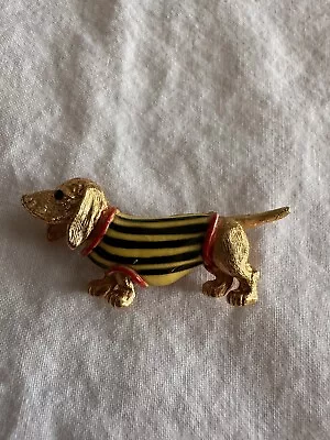 Vtg JJ Jonette Dachshund Dog Brooch Pin Striped Sweater Enamel Gold Tone Signed • $10.99