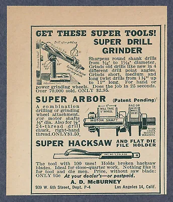 Drill Grinder Arbor Hacksaw Holder Tools Vintage Magazine Ad 1946 • $7.99