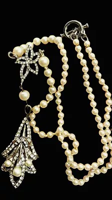 Vtg Estate Sign Carolee Classy Pearl Rhinestone Drop Dangle Necklace Jewelry • $9.99