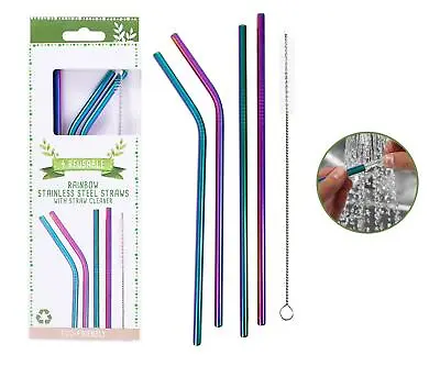4 Stainless Steel Straws Reusable Eco-Friendly Brush Drinks Cocktails Coloured • £1.60