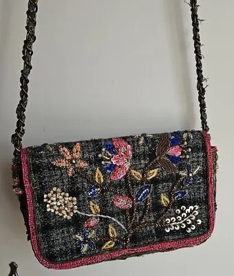 Zara Small Embellished Tweed Shoulder Bag Clutch Embroidery Beads Sequins Multi • £10.95