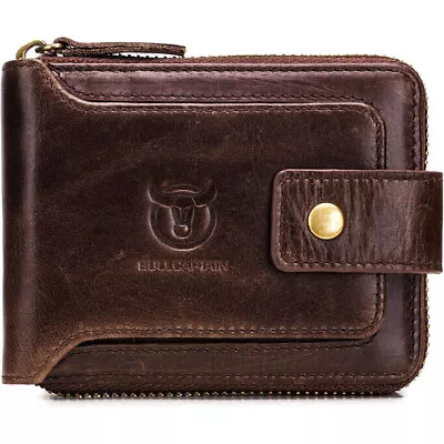 Genuine Leather Zipper Wallet Mens RFID Blocking Bifold Zip Around Card Holder • $21.99