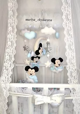 Baby Crib Mobile Boy Baby Mobile Mickey Mouse Nursery Blue Style Felt Mobile. • $160