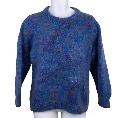 Vintage Handmade Knit Sweater Blue Fuzzy Pullover Long Sleeve Mens Size L • $50.99