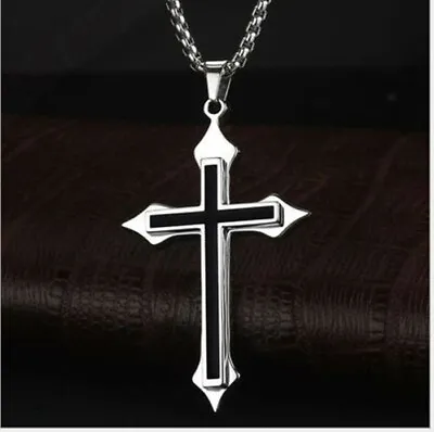 Mens Women Chain Necklace Black Cross Stainless Steel Pendant Crucifix Jesus • £3.49