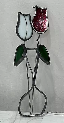 Vintage Metal Stained Glass Red White Roses Artwork  Handmade Sun Catcher • $20