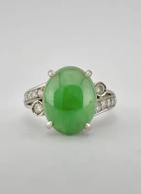 Antique Art Deco 18k White Gold Cabochon Green Jade Jadeite & Diamond Ring • $595