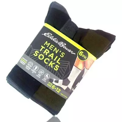 6-Pack Eddie Bauer Men's Trail Crew Socks Arch Support 3-Black/3-Green Size 6-12 • $23.95