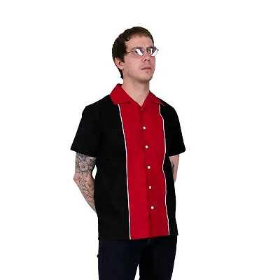 Relco Men's Open Neck Red Vintage 50's Rockabilly Ten Pin Bowling Shirt  • £34.99