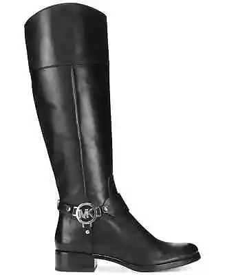 Michael Kors Fulton Harness Boots Tall Black Riding Logo Leather Women's 5 Used • $59.97