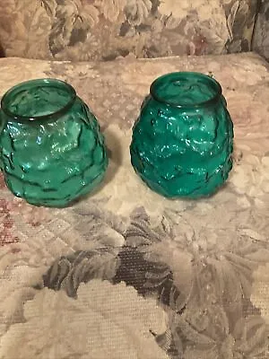 Vintage 70's Bumpy Crinkle Glass Candle Holders Set 2- Green • $14