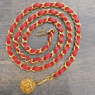 CHANEL Gold Plated & Red Leather CC Logos Charm Vintage Chain Belt #501c Rise-on • £469.24