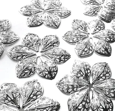 10 Large Filigree Flower Shape Embellishments Charm Silver Tone Metal Craft 60mm • £2.46