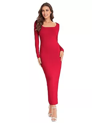 Verdusa Womens Long Sleeve Square Neck Bodycon Maxi Long Dress Solid Red M • $122.12