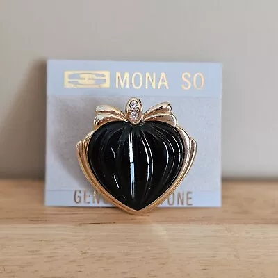 Mona So Brooch Pin Black Heart On Gold With Rhinestones Vintage • $9.99