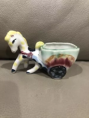 Vintage Hand Painted Ceramic Toothpick Holder Of Small Horse & Traditional Cart • $14.95