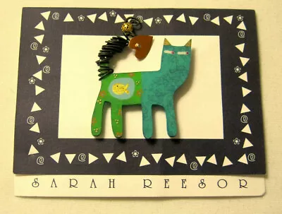 OOAK Handmade SARAH REESOR Colorful Enameled Wood & Metal CAT PIN BROOCH • $9.95