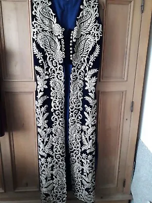 Midnight Blue Velvet Embroidered Metallic Gold Thread Very Long Waistcoat 8/10? • £34.99