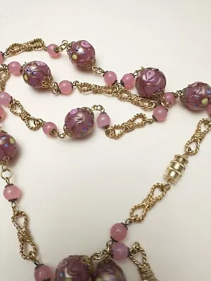 Venetian Murano Art Glass Necklace  Beaded Wedding Cake Gold Pink • $19.99