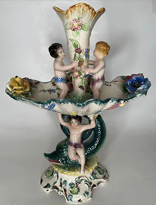 $160 • Buy Vintage Italian Majolica Amphora Vase Putti And Koi Fish,Hand Painted Porcelain