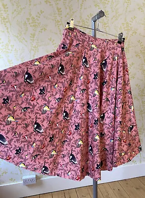 LINDY BOP Coral Pink Bird Print Full Circle 1950s Style Swing Midi Skirt UK 8 • £12.50