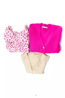 Zara Womens V Neck Button Down Cardigan Sweater Hot Pink Size S M Lot 3 • $34.99