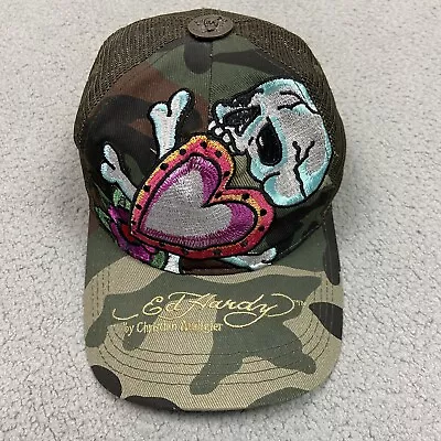 Ed Hardy Trucker Hat Christian Audigier Camo Army Skull Rose Snapback Mesh Y2K • $32.99